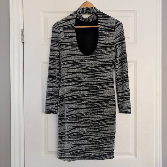 Rachel Zoe open back dress metallic print long sleeve mock neck small - Picture 2 of 16